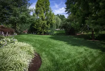 Green grass with a flower bed in the corner